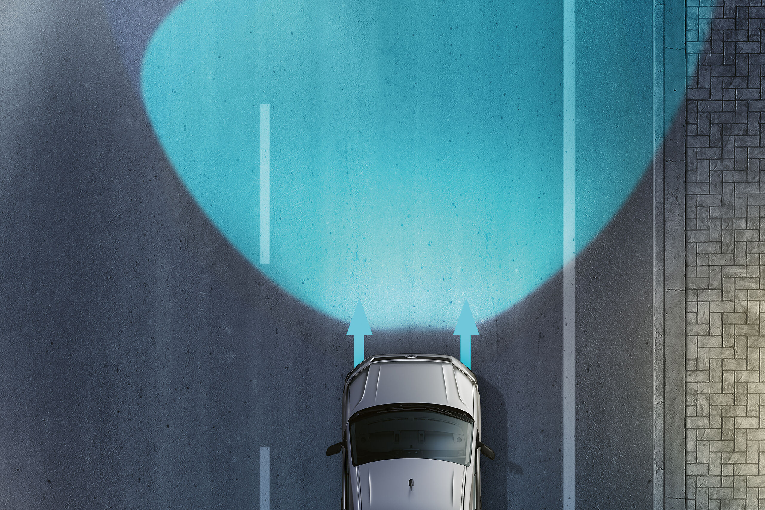 Një ilustrim i Crafter nga Volkswagen Automjete Komerciale tregon me këndvështrim nga lart se si funksionon sistemi i kontrollit të dritave "Lane Assist".